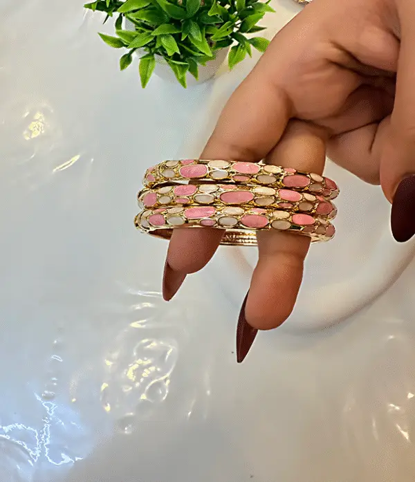 Elegant Pink & White Enamel Gold Kada Bangle 1pc
