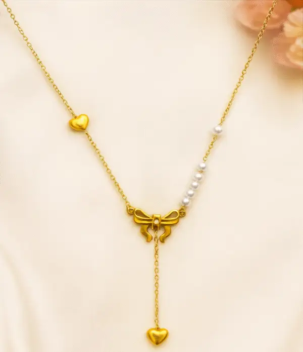Elegant Bow & Pearl Heart Pendant Necklace