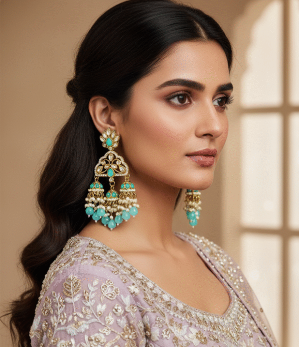 Sky Blue Kundan Jhumka Earrings with Pearl Drops