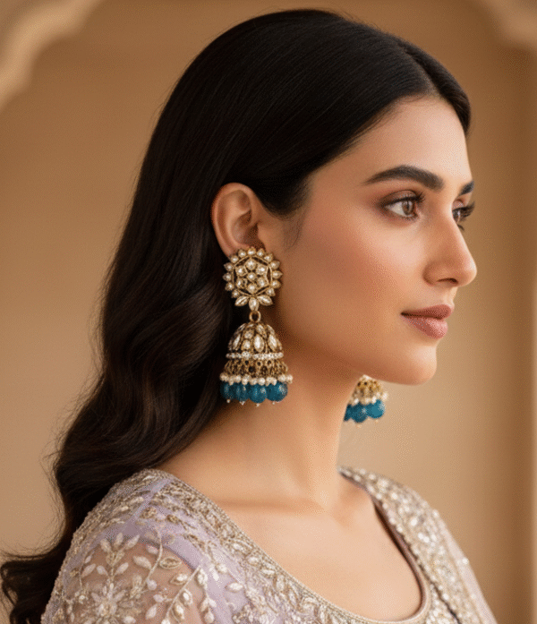earr2 Teal Bloom Kundan Jhumka Earrings
